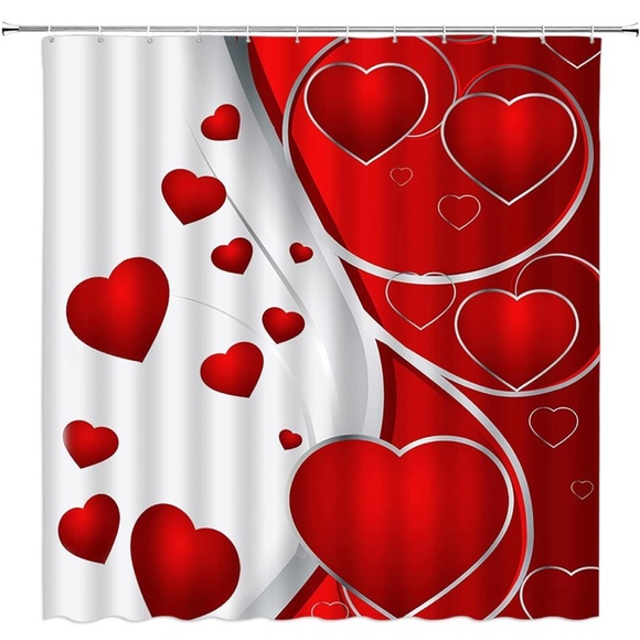 Valentine's Day Shower Curtain Red Heart Romantic Abstract with 12 Hooks - Picture 2 of 2